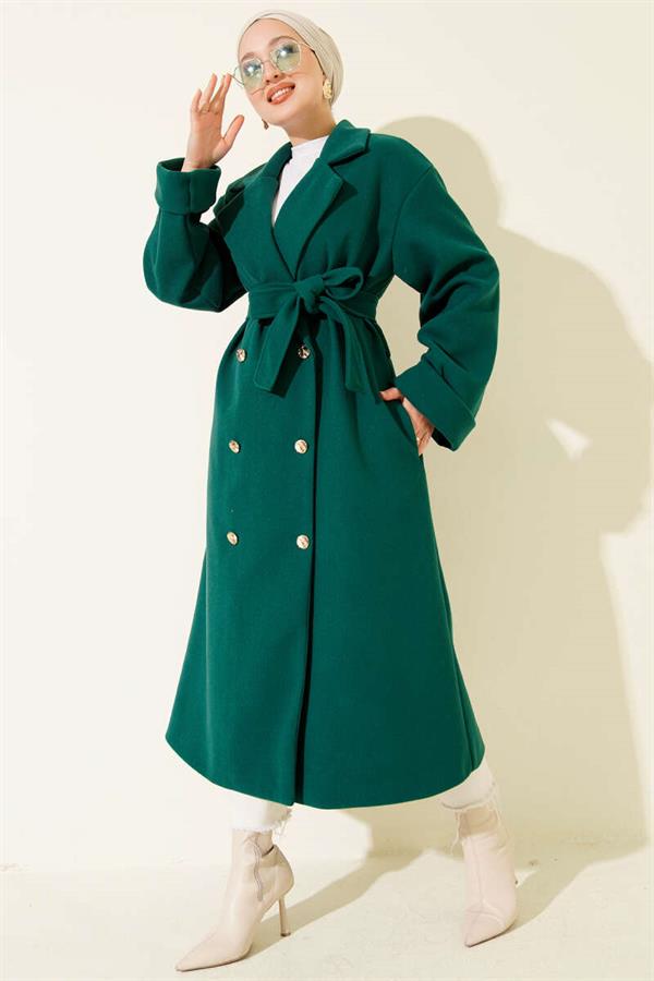 Gold Buttoned Double Breasted Cashmere Coat Emerald