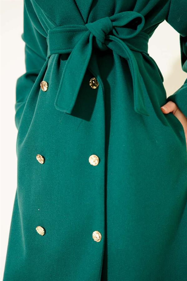 Gold Buttoned Double Breasted Cashmere Coat Emerald