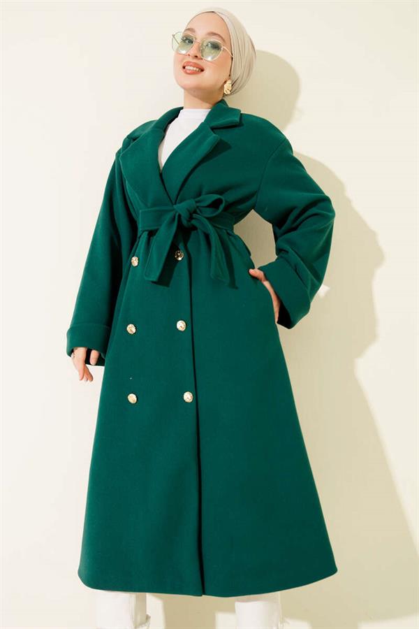 Gold Buttoned Double Breasted Cashmere Coat Emerald