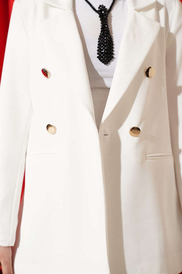 Gold Buttoned Double-Breasted Blazer Jacket, Ecru
