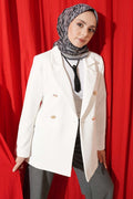 Gold Buttoned Double-Breasted Blazer Jacket, Ecru