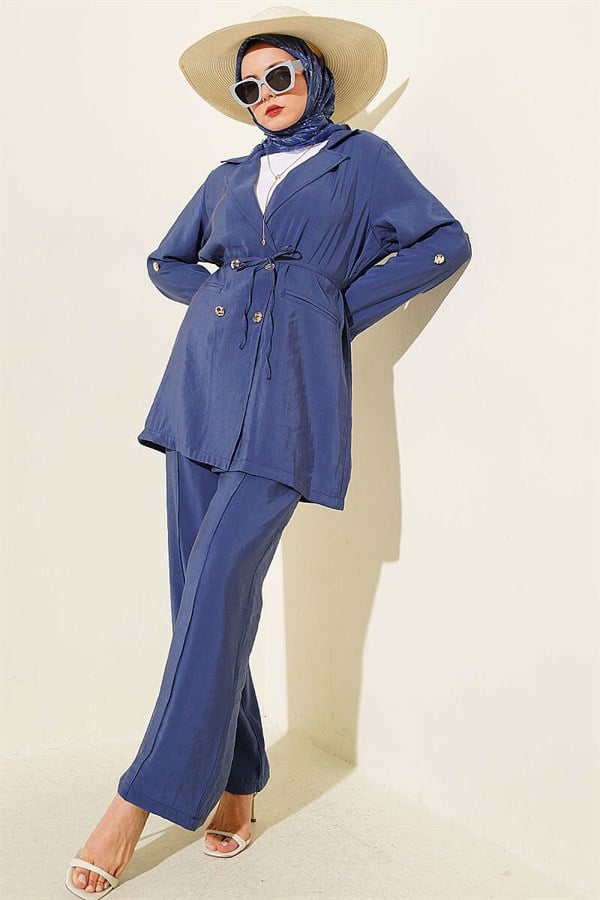 Indigo Modal 2 Piece Set with Gold Buttons and Double-Breasted Collar