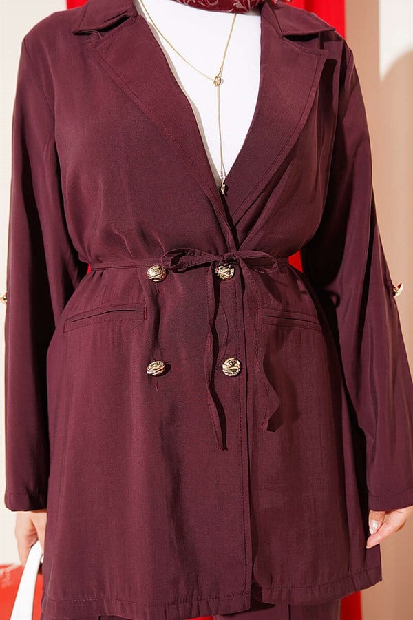 Gold Buttoned Double-Breasted Modal Suit in Burgundy