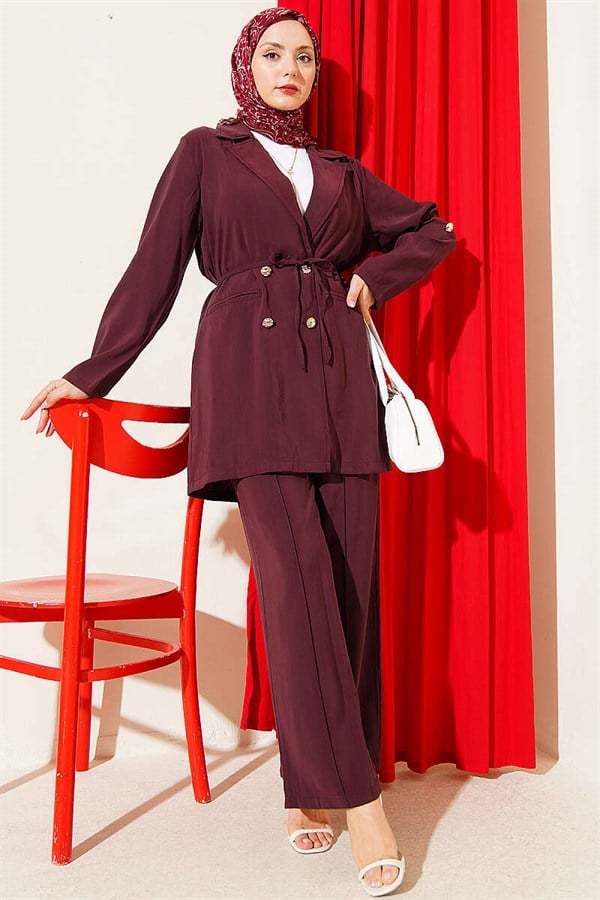 Gold Buttoned Double-Breasted Modal Suit in Burgundy