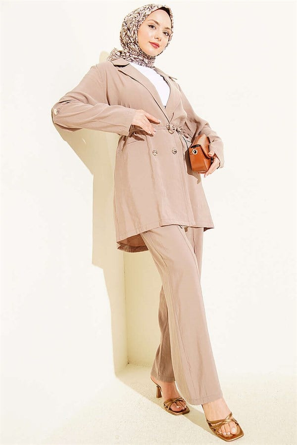 Gold Buttoned Double-Breasted Modal 2 Piece Set in Mink Color