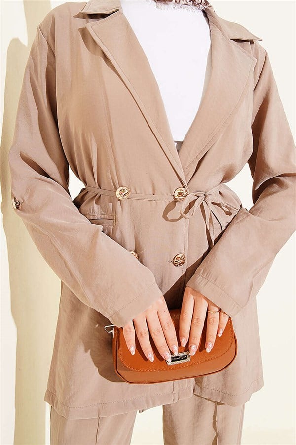 Gold Buttoned Double-Breasted Modal 2 Piece Set in Mink Color