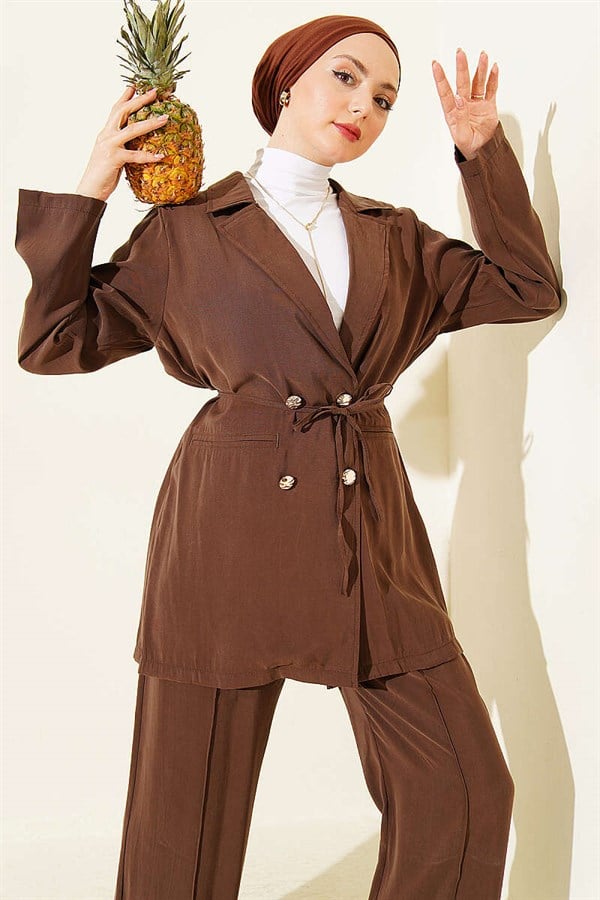 Gold Buttoned Double-Breasted Modal 2 Piece Set in Coffee Brown