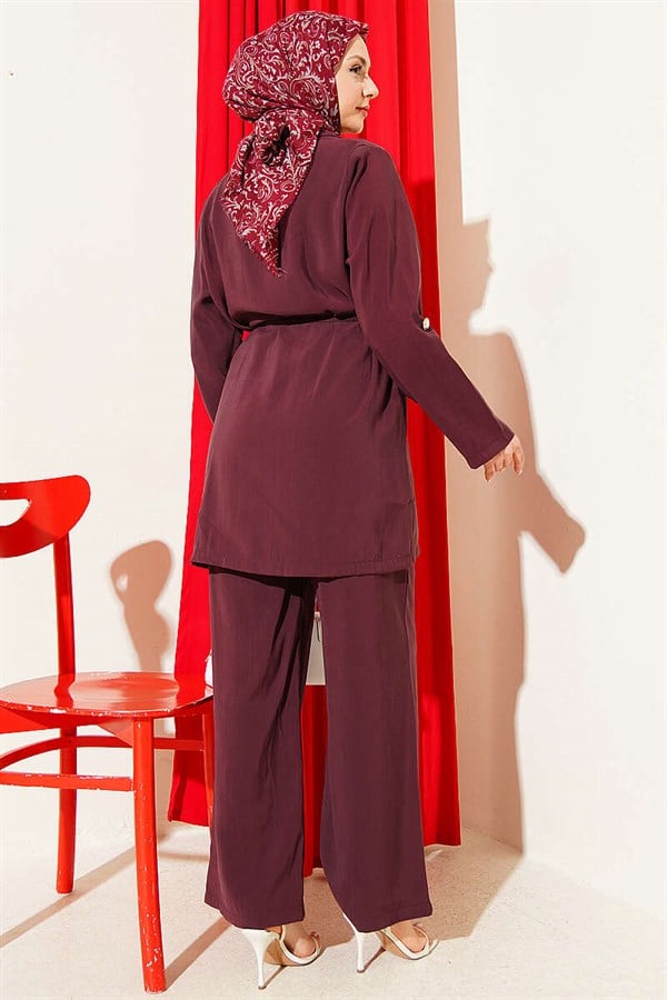 Gold Buttoned Double-Breasted Modal Suit in Burgundy