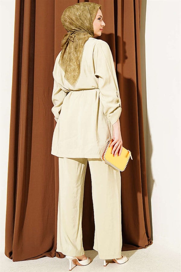 Modal 2 Piece Set with Gold Buttons and Double-Breasted Collar, Light Green