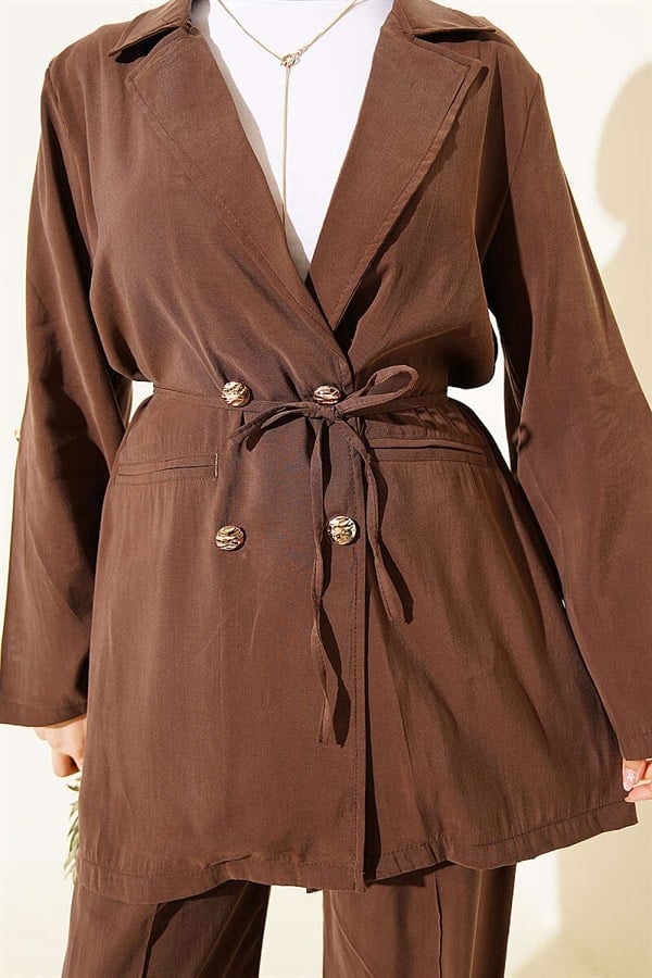 Gold Buttoned Double-Breasted Modal 2 Piece Set in Coffee Brown