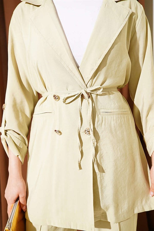 Modal 2 Piece Set with Gold Buttons and Double-Breasted Collar, Light Green