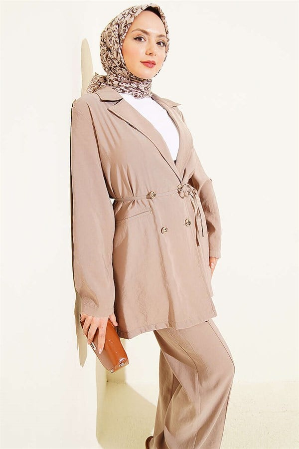 Gold Buttoned Double-Breasted Modal 2 Piece Set in Mink Color