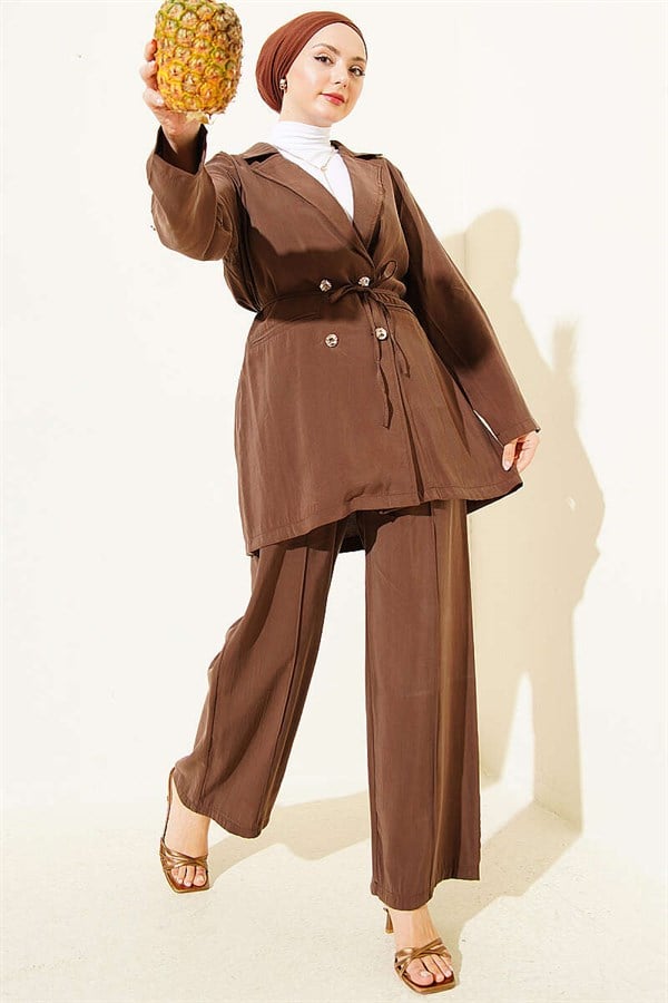 Gold Buttoned Double-Breasted Modal 2 Piece Set in Coffee Brown
