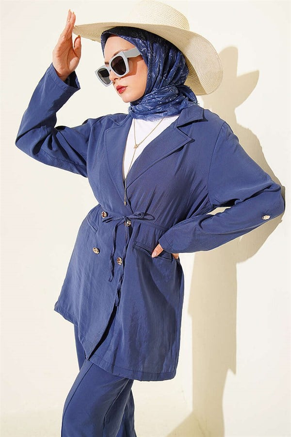 Indigo Modal 2 Piece Set with Gold Buttons and Double-Breasted Collar
