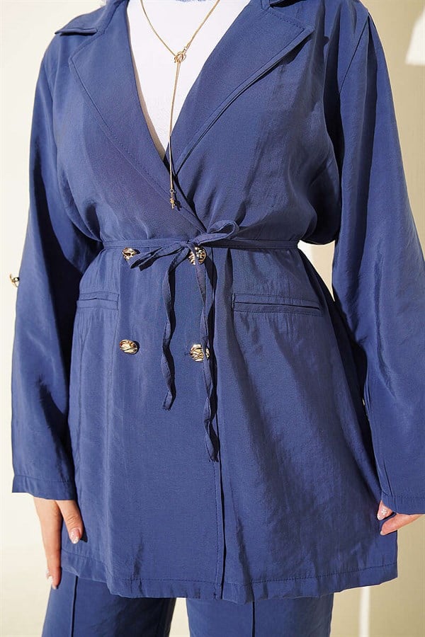 Indigo Modal 2 Piece Set with Gold Buttons and Double-Breasted Collar