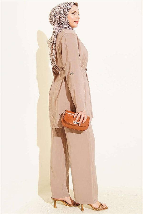 Gold Buttoned Double-Breasted Modal 2 Piece Set in Mink Color