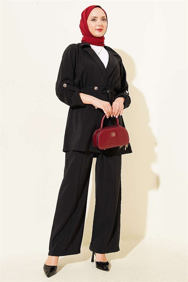 Black Modal 2 Piece Set with Gold Buttons and Double-Breasted Collar