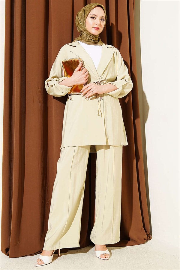 Modal 2 Piece Set with Gold Buttons and Double-Breasted Collar, Light Green