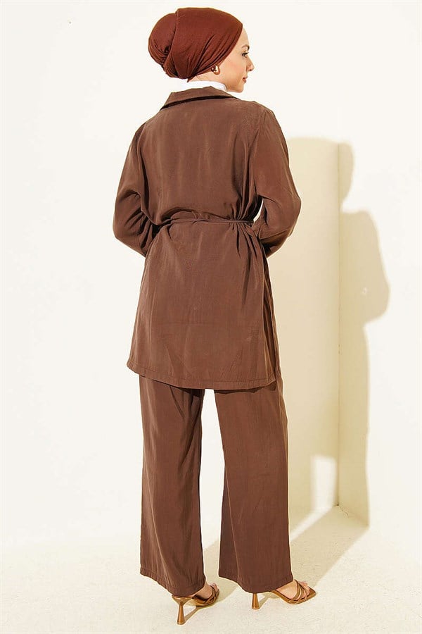 Gold Buttoned Double-Breasted Modal 2 Piece Set in Coffee Brown