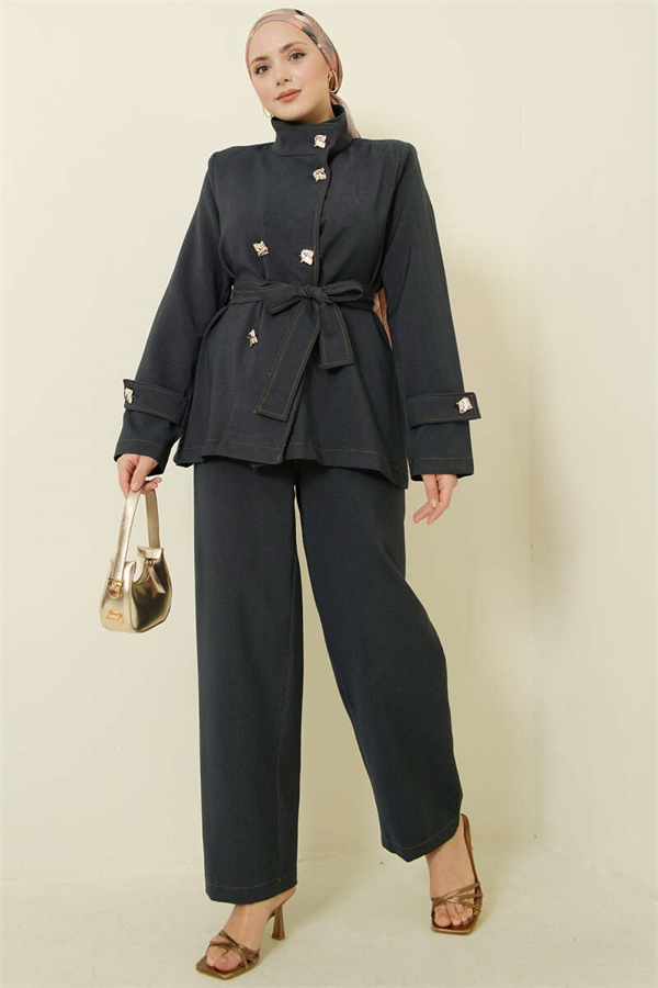 2 Piece Set with Gold Buttons and Belt, Navy Blue