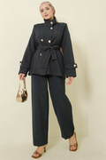 2 Piece Set with Gold Buttons and Belt, Navy Blue