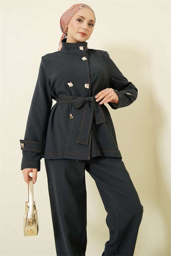 2 Piece Set with Gold Buttons and Belt, Navy Blue