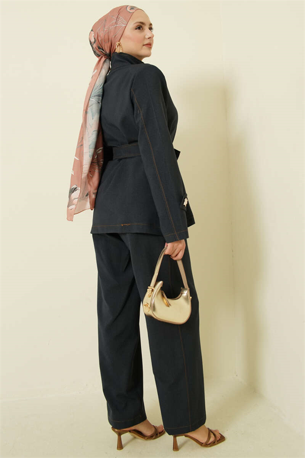 2 Piece Set with Gold Buttons and Belt, Navy Blue