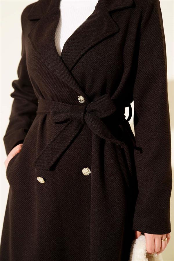 Gold Buttoned Belted Cashmere Coat, Dark Brown