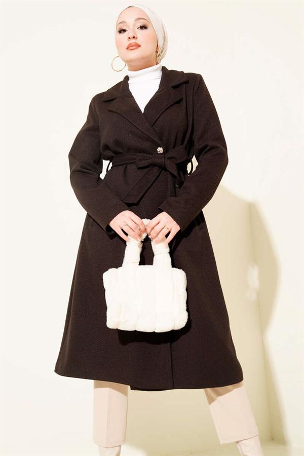 Gold Buttoned Belted Cashmere Coat, Dark Brown