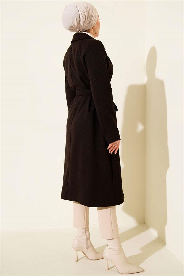 Gold Buttoned Belted Cashmere Coat, Dark Brown