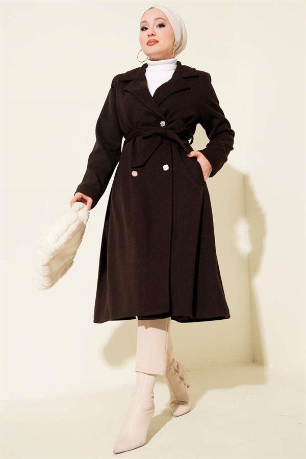 Gold Buttoned Belted Cashmere Coat, Dark Brown