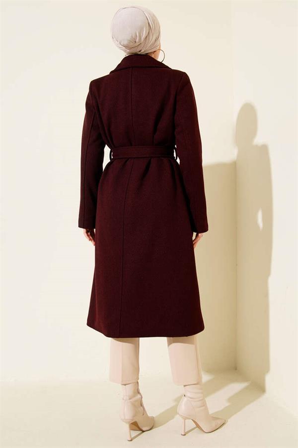 Burgundy Cashmere Coat with Gold Buttons and Belt