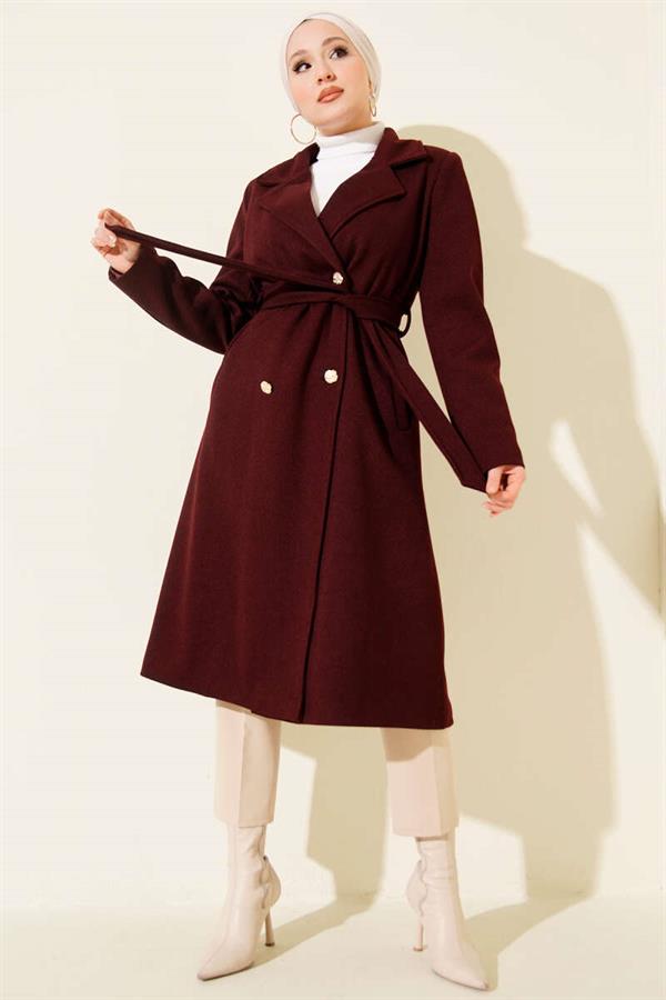 Burgundy Cashmere Coat with Gold Buttons and Belt