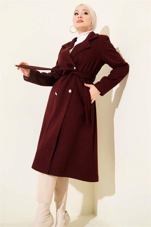 Burgundy Cashmere Coat with Gold Buttons and Belt