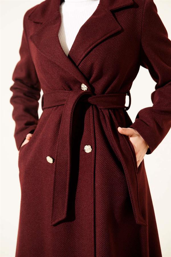 Burgundy Cashmere Coat with Gold Buttons and Belt