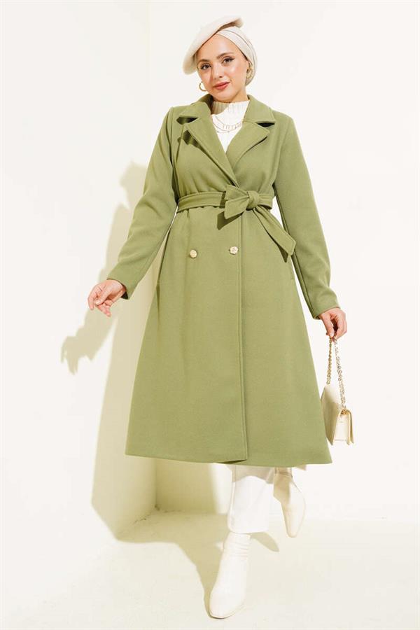 Gold Buttoned Belted Cashmere Coat Almond Green