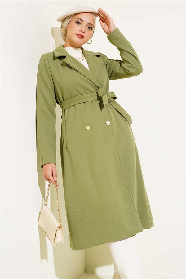 Gold Buttoned Belted Cashmere Coat Almond Green