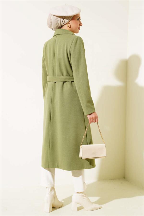Gold Buttoned Belted Cashmere Coat Almond Green