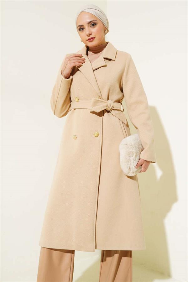 Gold Buttoned Belted Cashmere Coat Camel