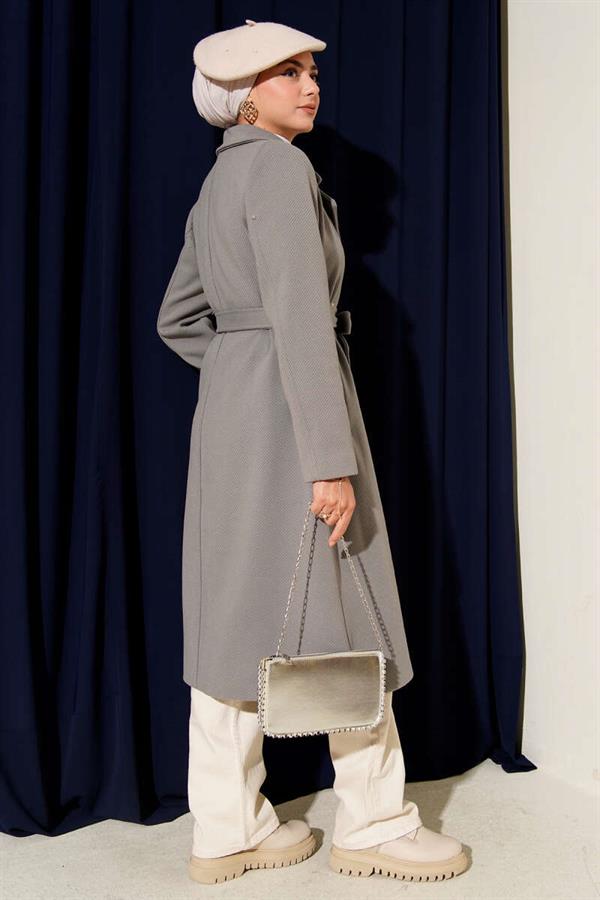 Gold Buttoned Belted Cashmere Coat in Gray