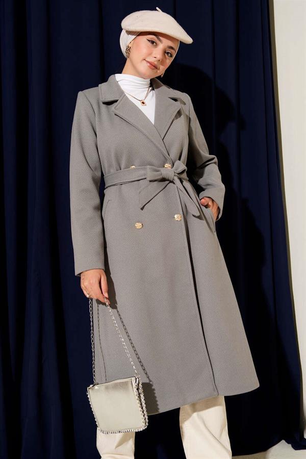 Gold Buttoned Belted Cashmere Coat in Gray