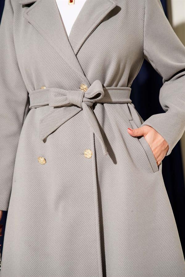 Gold Buttoned Belted Cashmere Coat in Gray