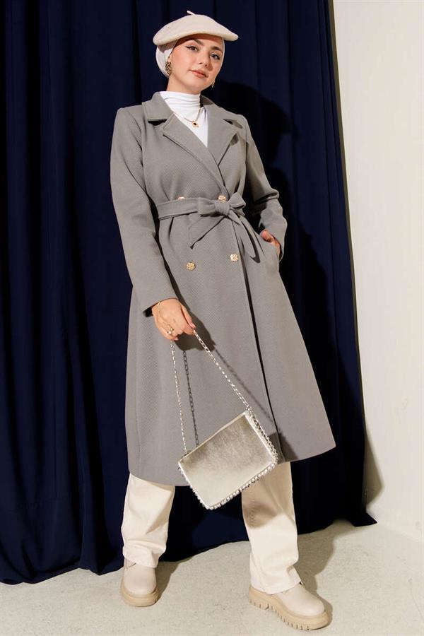 Gold Buttoned Belted Cashmere Coat in Gray