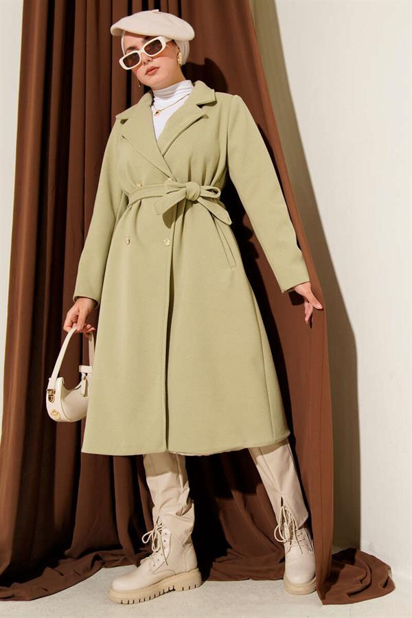 Gold Buttoned Belted Cashmere Coat, Aqua Green