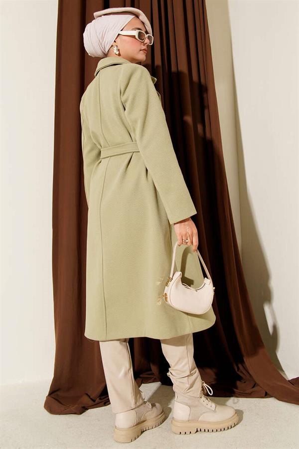 Gold Buttoned Belted Cashmere Coat, Aqua Green