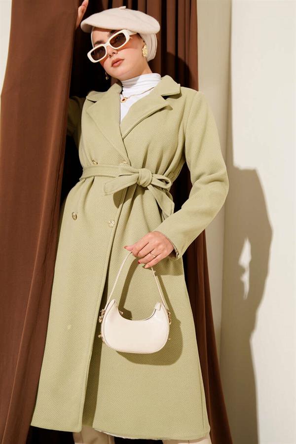 Gold Buttoned Belted Cashmere Coat, Aqua Green