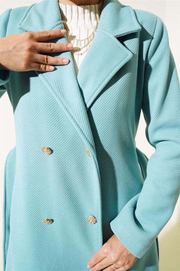 Gold Buttoned Belted Cashmere Coat Turquoise