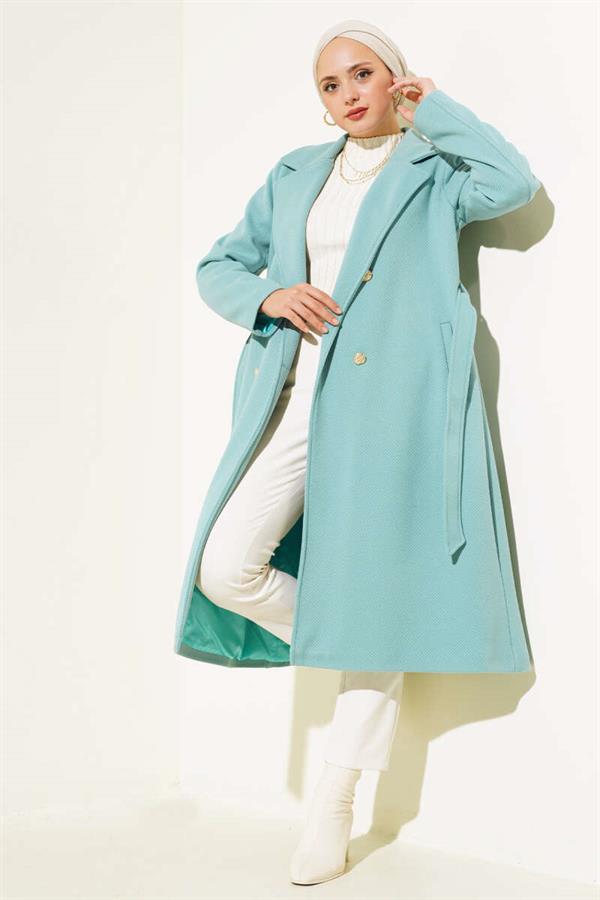 Gold Buttoned Belted Cashmere Coat Turquoise