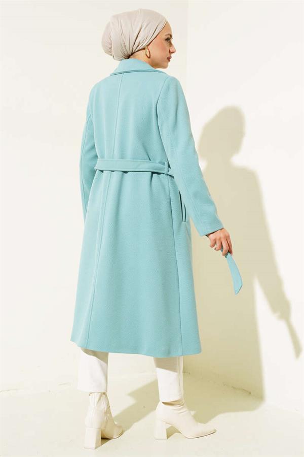 Gold Buttoned Belted Cashmere Coat Turquoise