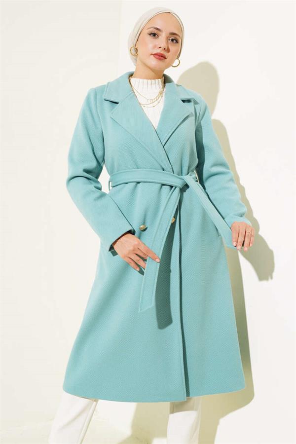 Gold Buttoned Belted Cashmere Coat Turquoise
